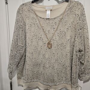 Alfred Dunner Textured Cream Top with Necklace